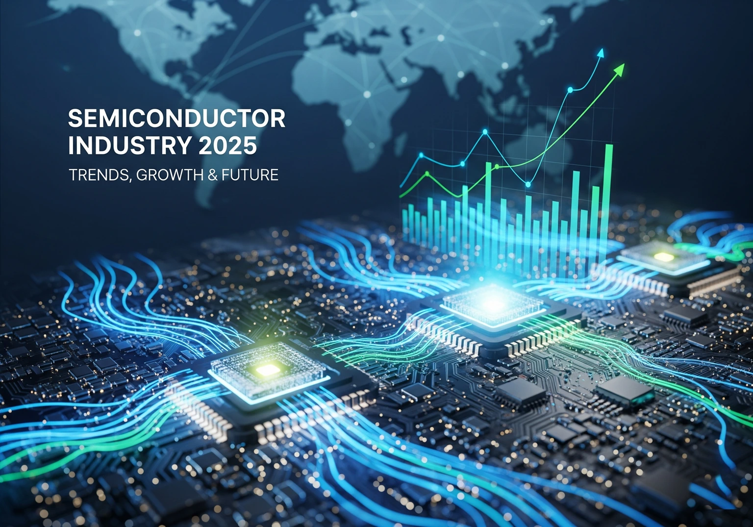 A futuristic integrated circuit board representing the Semiconductor Industry 2025