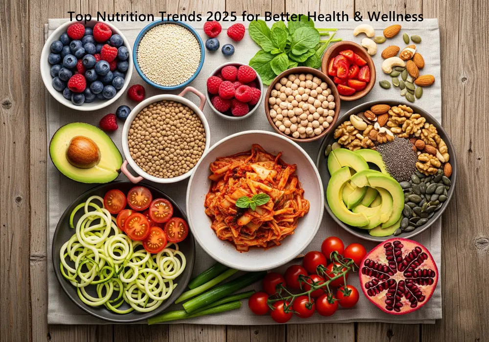 Top Nutrition Trends 2025 featuring fresh vegetables, fruits, and healthy foods.