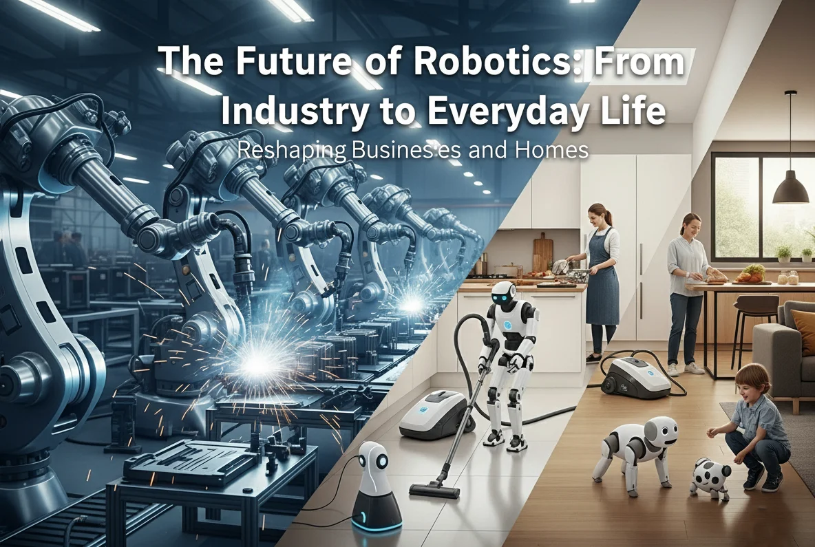 SEO-optimized image showing the transition of robots from a factory setting to daily life in a home.